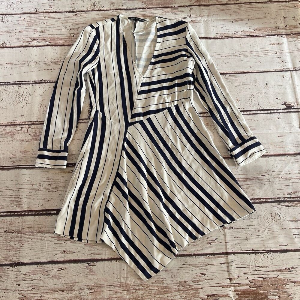 ZARA Size Medium Striped V-neck Dress Skirt Long Sleeve Navy White Women's